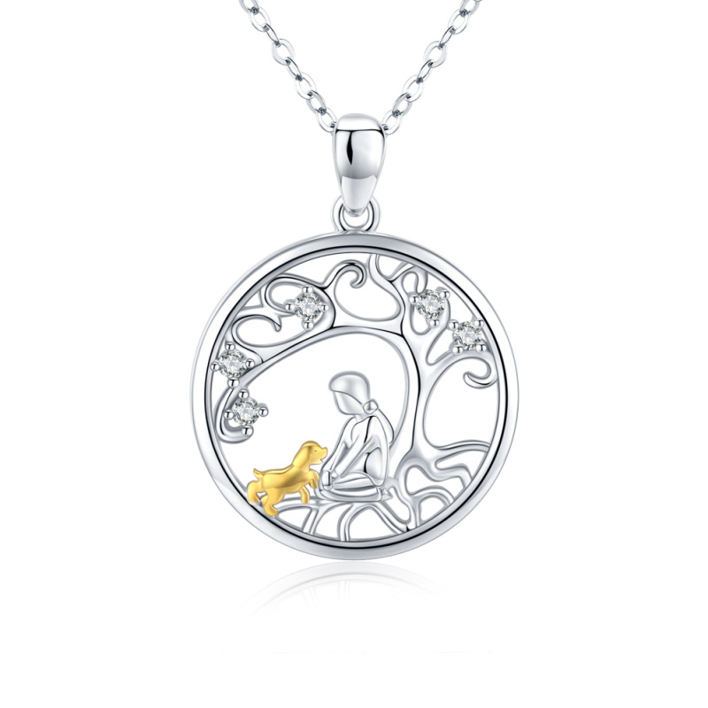 Sterling Silver Two-tone Cubic Zirconia Dog & Tree Of Life Pendant Necklace-6