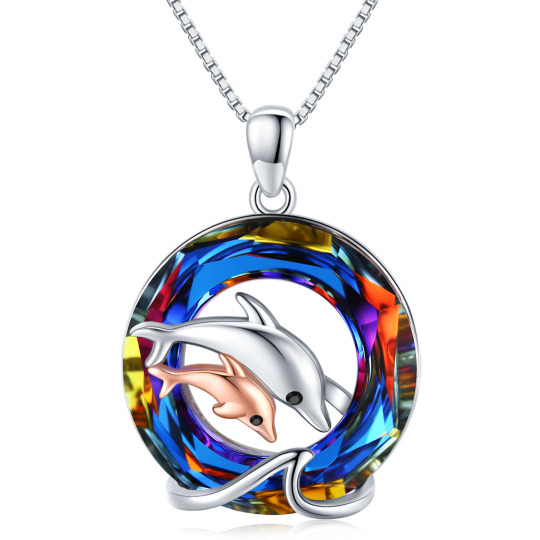 Sterling Silver Two-tone Dolphin Crystal Pendant Necklace