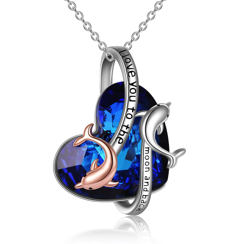 Sterling Silver Two-tone Dolphin & Heart Crystal Pendant Necklace with Engraved Word-13