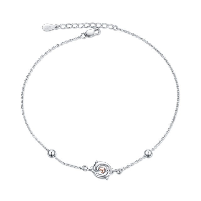 Sterling Silver Two-tone Dolphin & Heart Single Layer Anklet-1