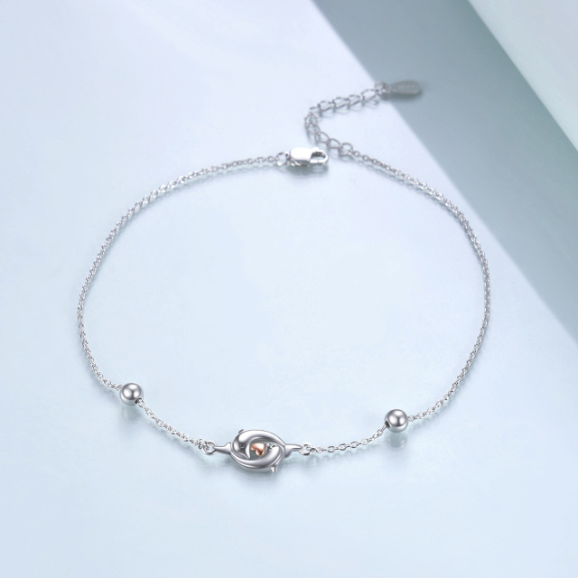 Sterling Silver Two-tone Dolphin & Heart Single Layer Anklet-3