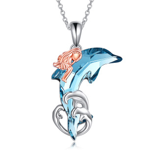 Sterling Silver Two-tone Dolphin & Spray Crystal Pendant Necklace-2