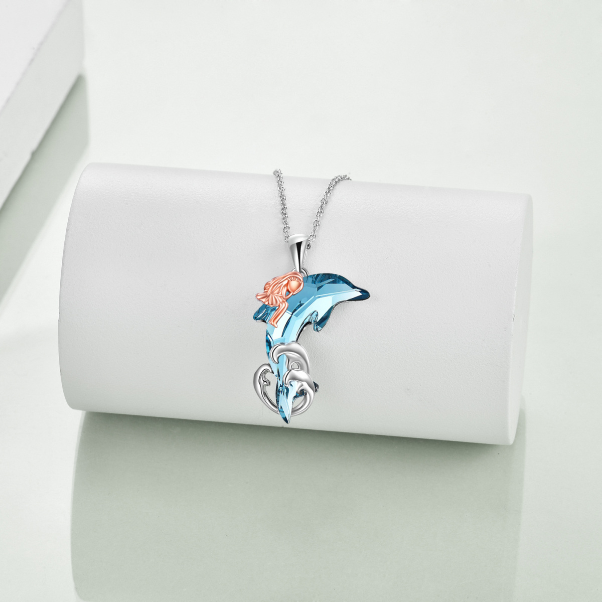 Sterling Silver Two-tone Dolphin & Spray Crystal Pendant Necklace-3