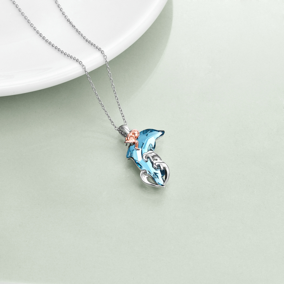 Sterling Silver Two-tone Dolphin & Spray Crystal Pendant Necklace-4