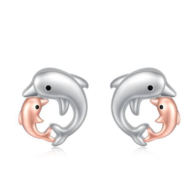 Sterling Silver Two-tone Dolphin Stud Earrings-1