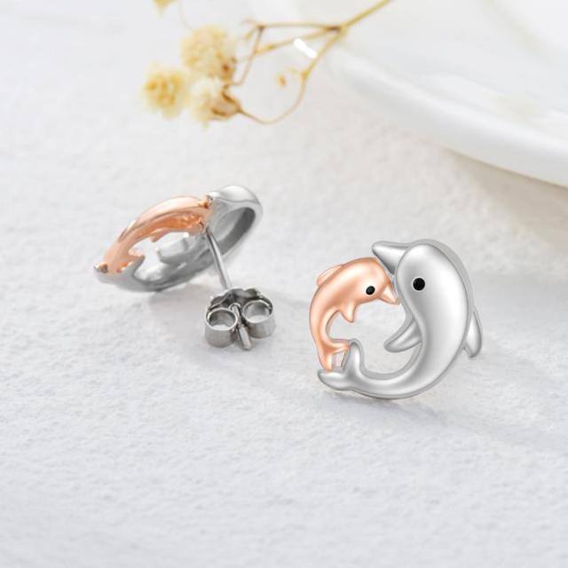 Boucles d'oreilles dauphin en argent sterling bicolore-4