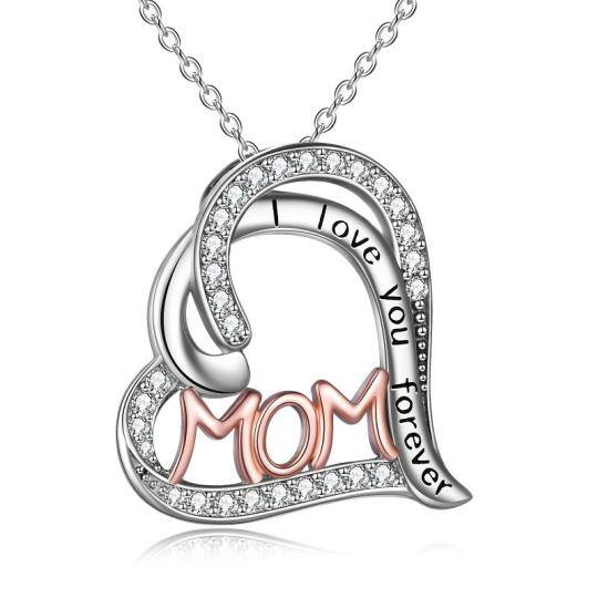 Sterling Silver Two-tone Double Heart Pendant Necklace Engraved Mom I Love You Forever