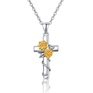 Sterling Silver Two-tone Double Sunflower & Cross Pendant Necklace-17