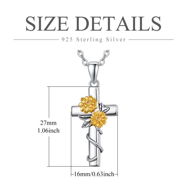 Sterling Silver Two-tone Double Sunflower & Cross Pendant Necklace-6