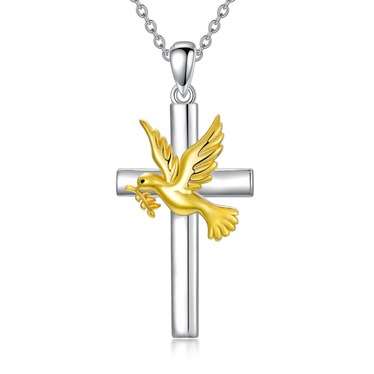 Sterling Silver Two-tone Dove & Cross Pendant Necklace-1