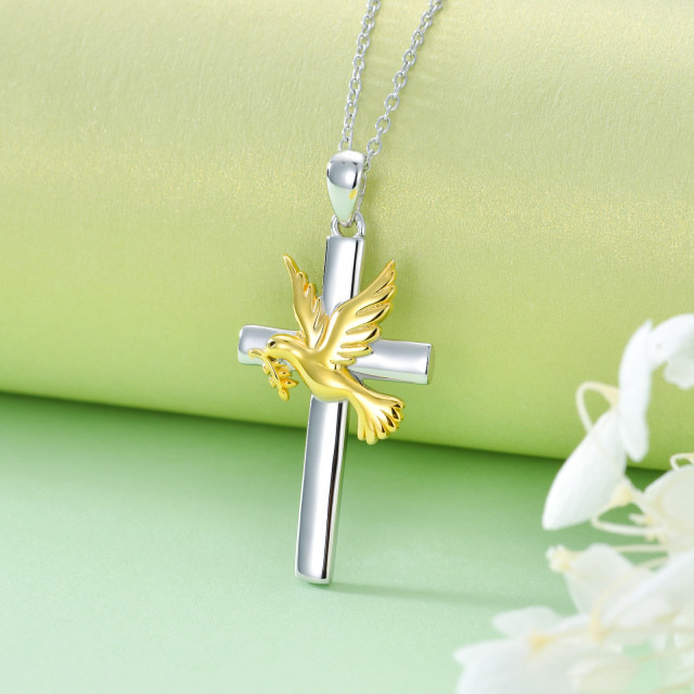 Sterling Silver Two-tone Dove & Cross Pendant Necklace-3