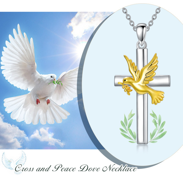 Sterling Silver Two-tone Dove & Cross Pendant Necklace-6