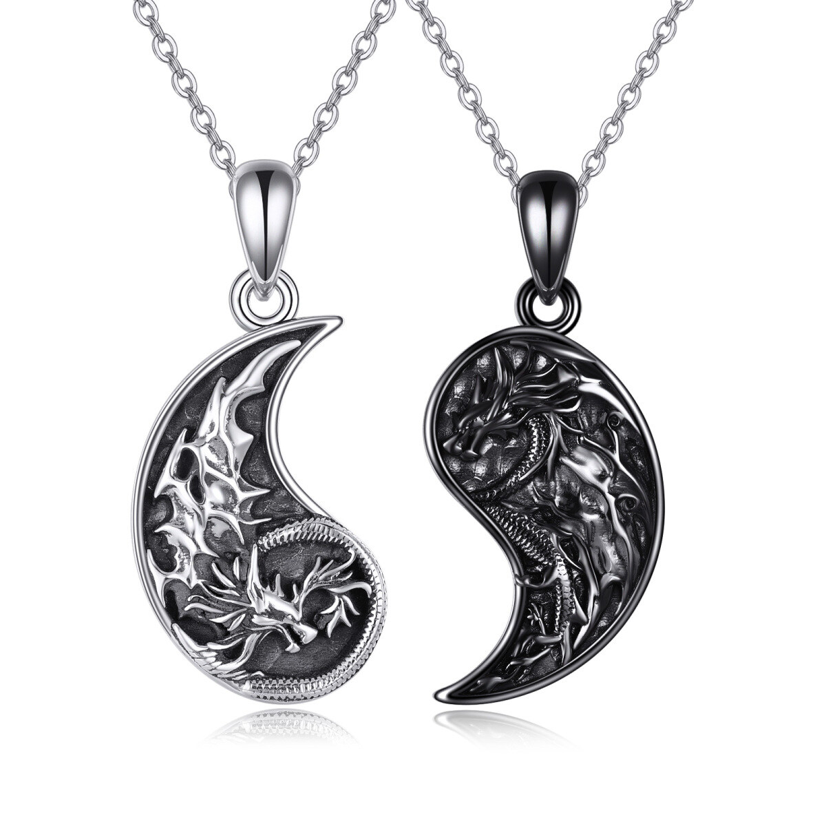 Sterling Silver Two-tone Dragon & Couple Pendant Necklace-1