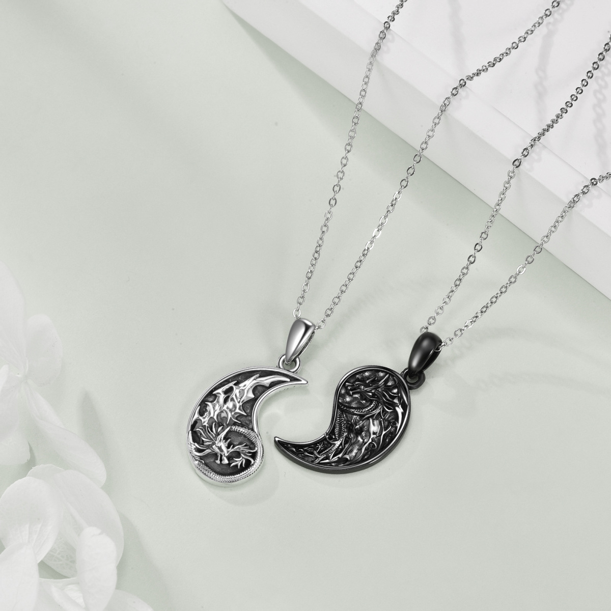 Sterling Silver Two-tone Dragon & Couple Pendant Necklace-4