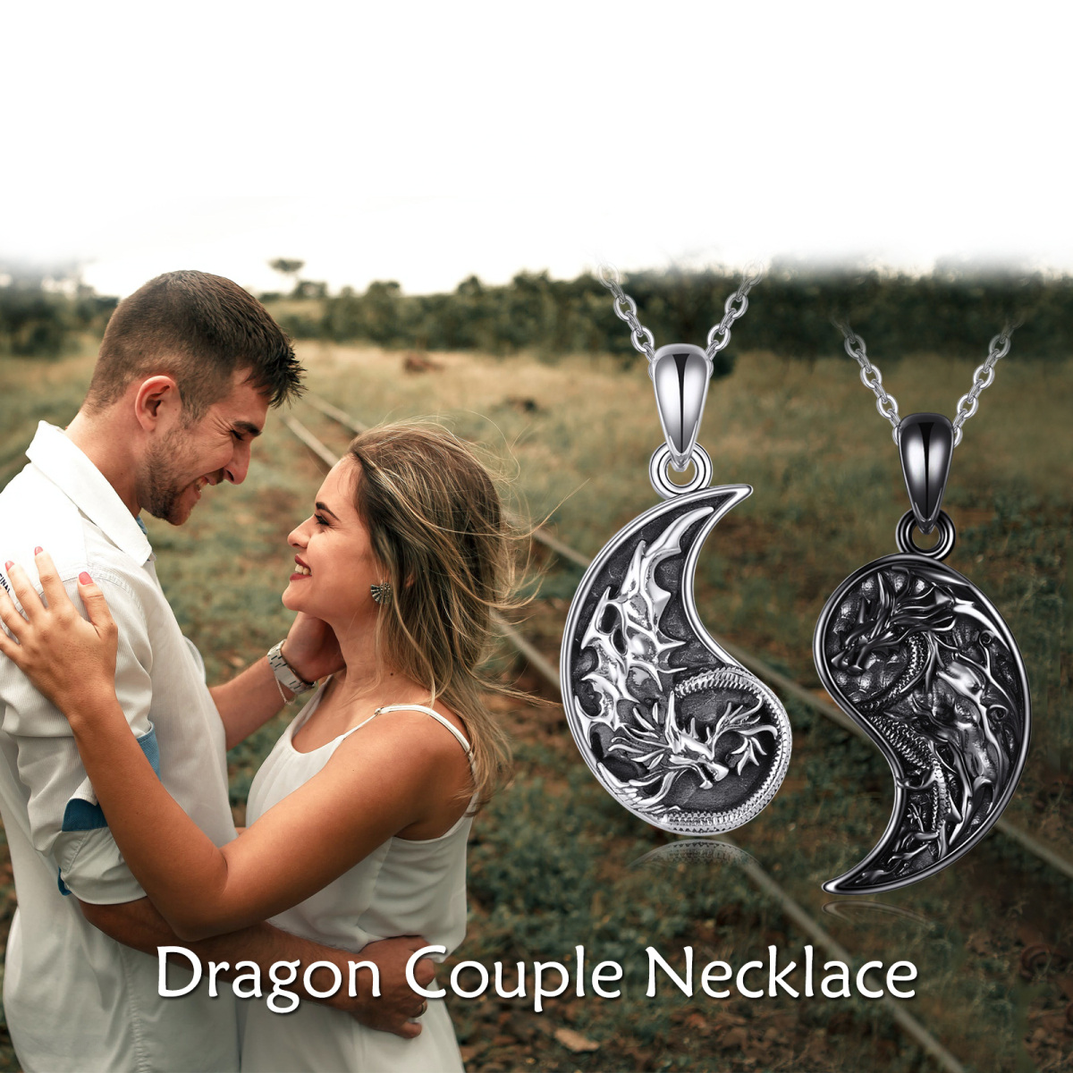 Sterling Silver Two-tone Dragon & Couple Pendant Necklace-6