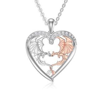 Sterling Silver Two-tone Cubic Zirconia Dragon & Heart Pendant Necklace-5