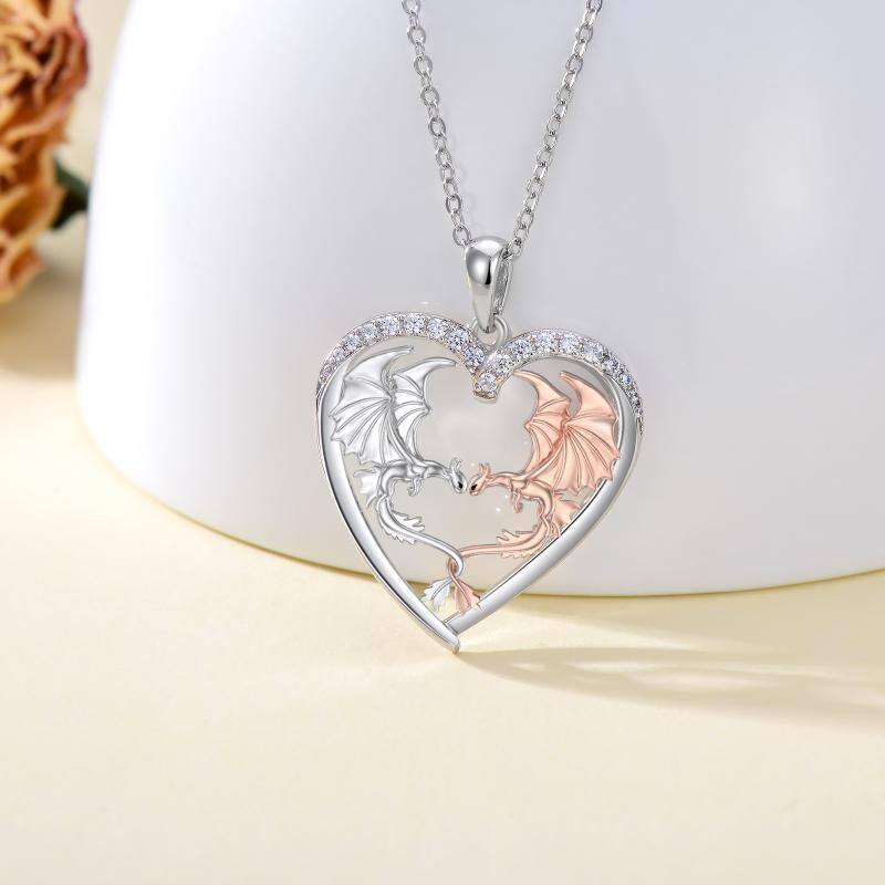 Sterling Silver Two-tone Cubic Zirconia Dragon & Heart Pendant Necklace-4