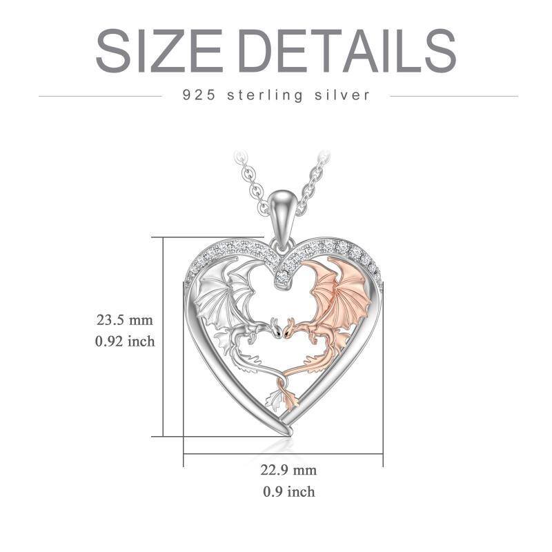 Sterling Silber zweifarbige Zirkonia Drachen & Herz Anhänger Halskette-6