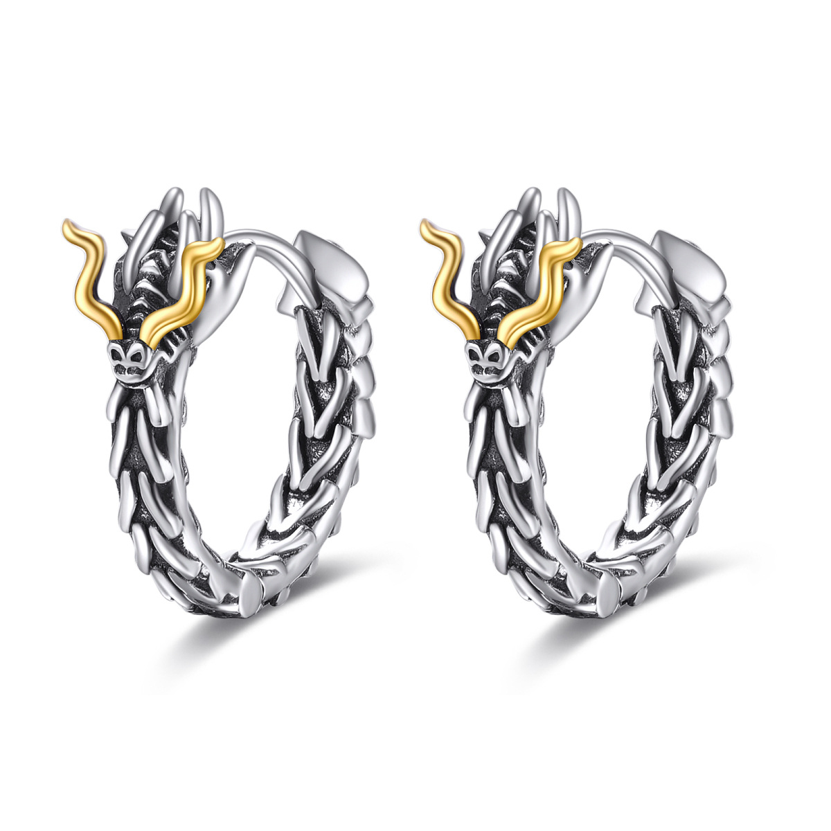 Sterling Silver Two-tone Dragon Hoop Earrings-1