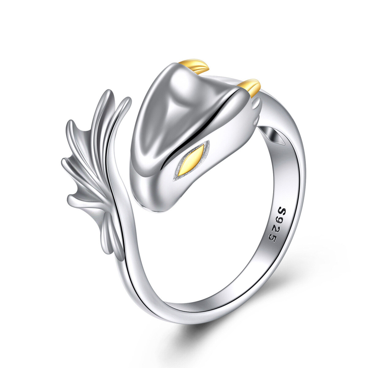 Anello aperto con drago bicolore in argento sterling-1