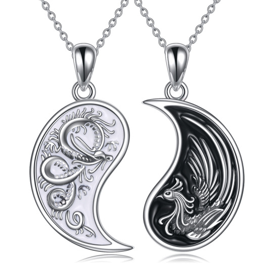 Zweifarbige Halskette mit Drachen-, Phönix- und Yin-Yang-Anhänger aus Sterlingsilber für Unisex