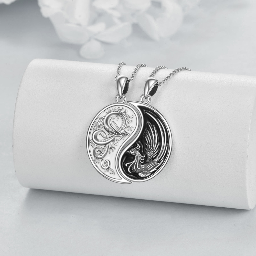 Sterling Silver Two-Tone Dragon Phoenix Yin Yang Pendant Necklace For Unisex-3