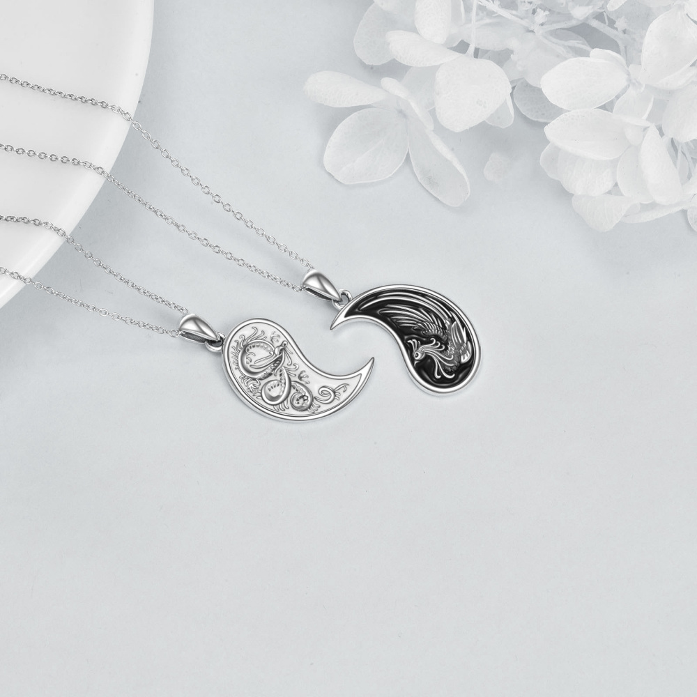 Sterling Silver Two-Tone Dragon Phoenix Yin Yang Pendant Necklace For Unisex-4