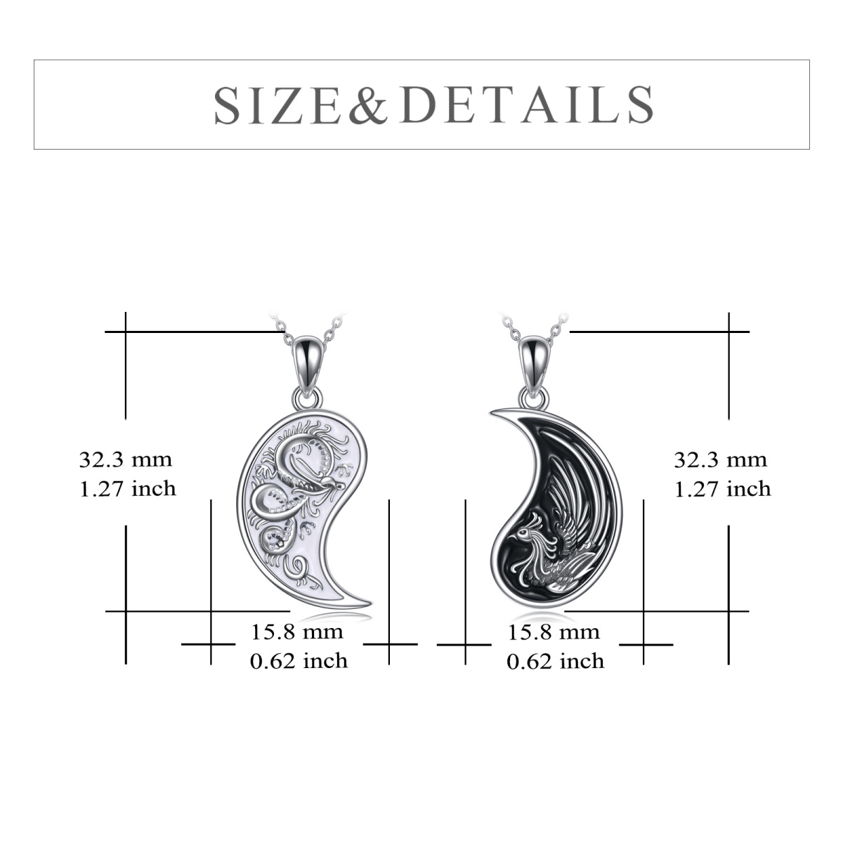 Colar com pingente de prata esterlina de dois tons Dragon Phoenix Yin Yang para unissex-5