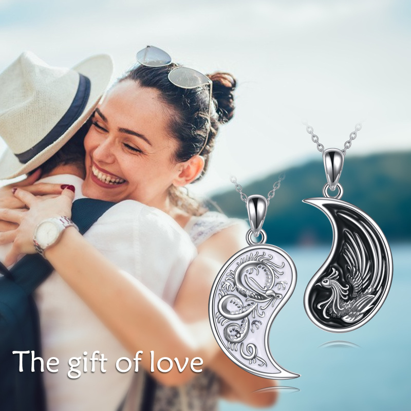 Sterling Silver Two-Tone Dragon Phoenix Yin Yang Pendant Necklace For Unisex-6