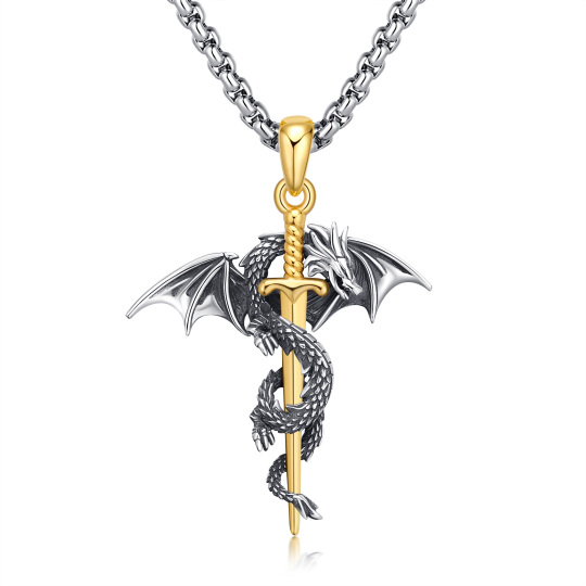 Sterling Silver Two-tone Dragon & Sword Pendant Necklace for Men