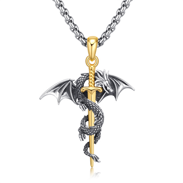 Sterling Silver Two-tone Dragon & Sword Pendant Necklace for Men-2