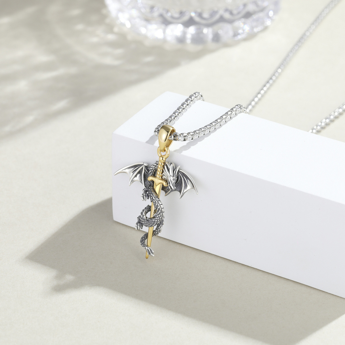 Sterling Silver Two-tone Dragon & Sword Pendant Necklace for Men-3