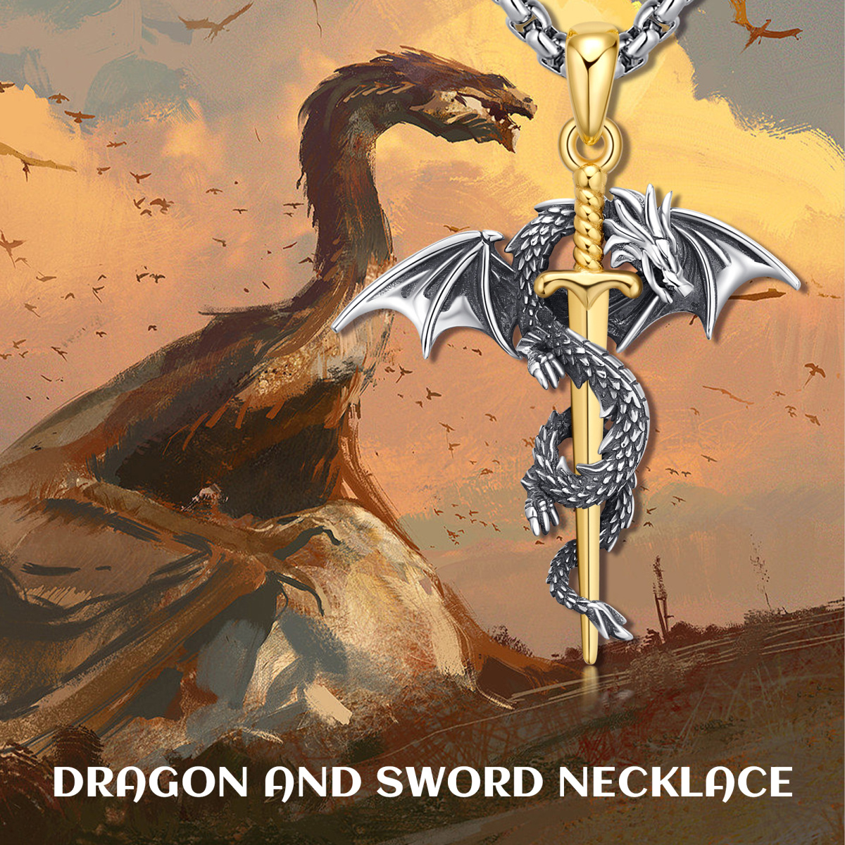 Sterling Silver Two-tone Dragon & Sword Pendant Necklace for Men-5