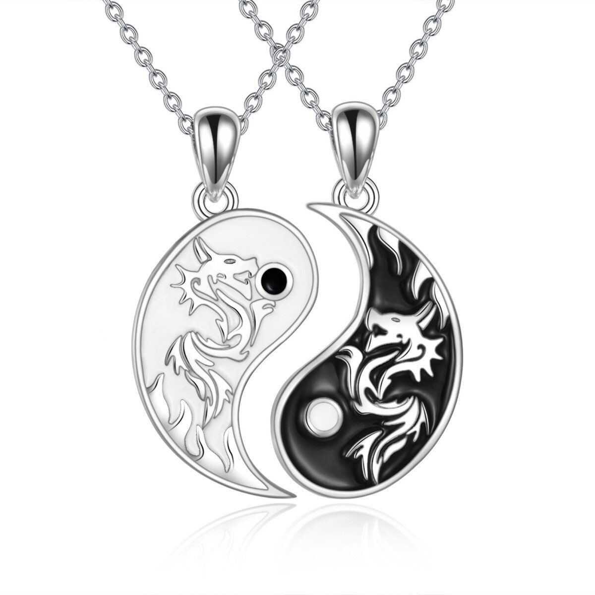 Collar colgante de plata de ley bicolor Dragón y Yin Yang-1