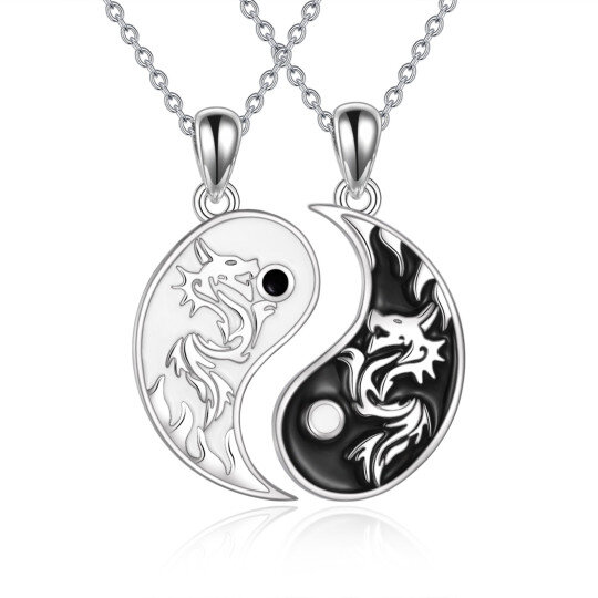 Sterling Silver Two-tone Dragon & Yin Yang Pendant Necklace