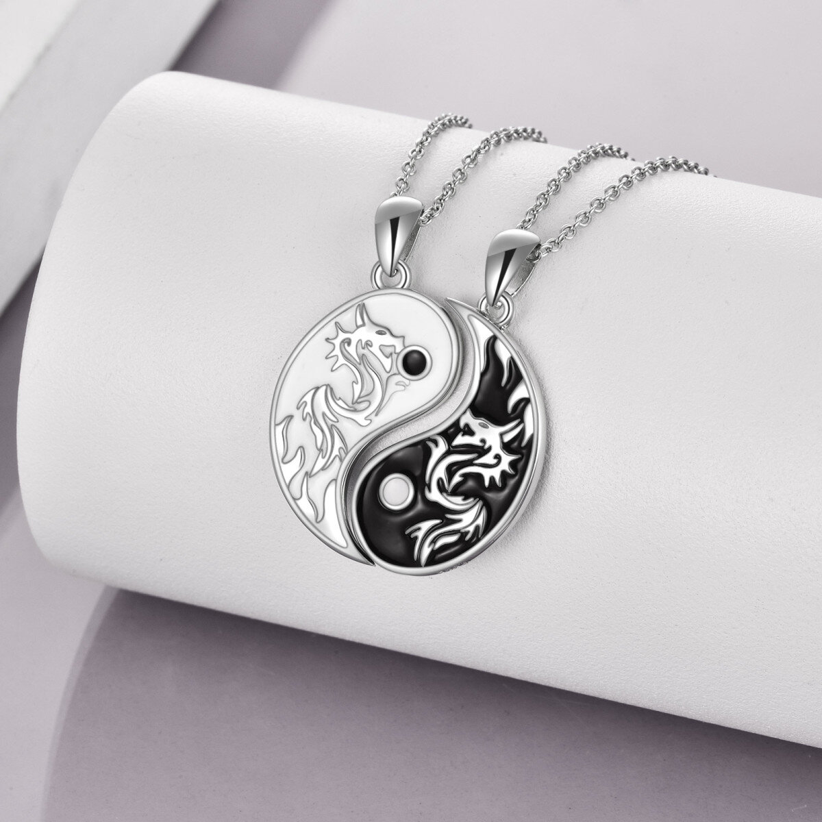 Sterling Silver Two-tone Dragon & Yin Yang Pendant Necklace-3