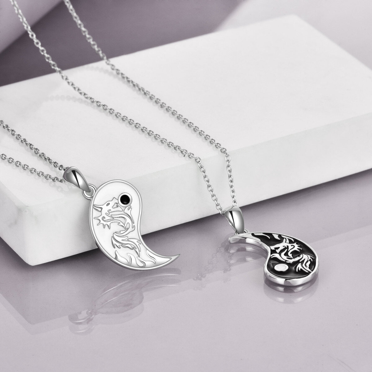 Sterling Silver Two-tone Dragon & Yin Yang Pendant Necklace-4