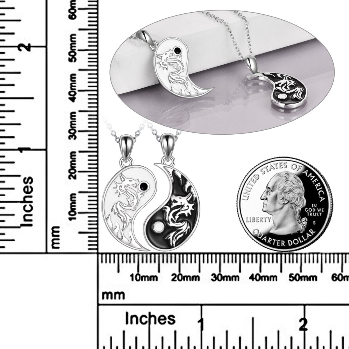 Sterling Silber zweifarbige Drachen & Yin Yang Anhänger Halskette-5