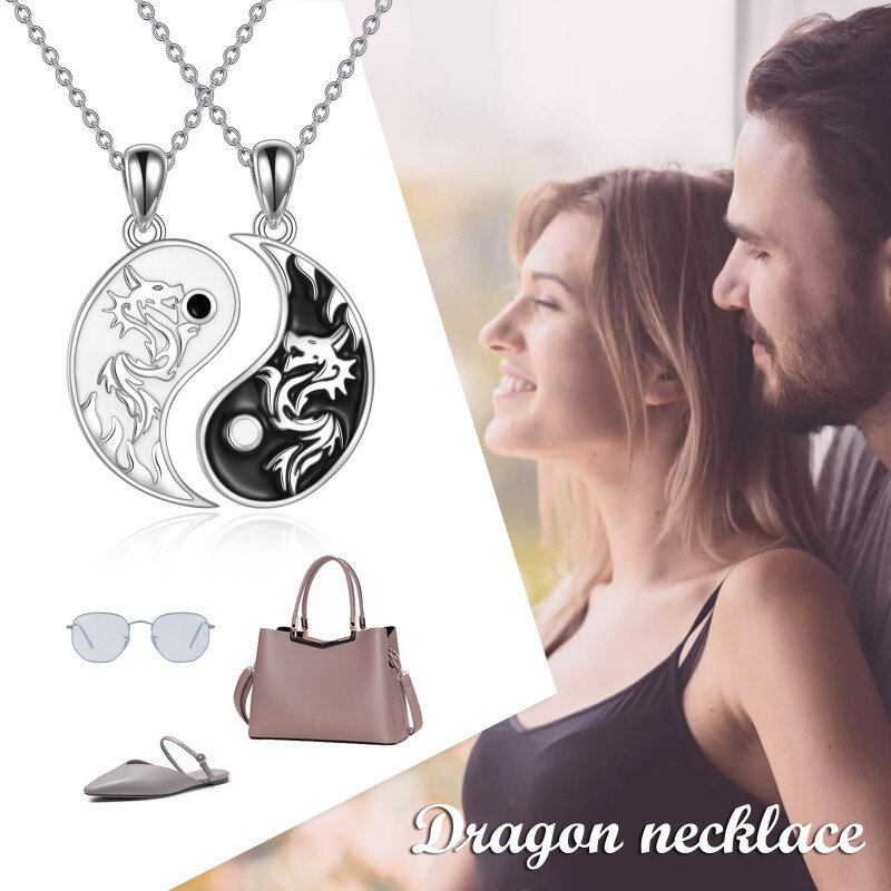 Sterling zilveren tweekleurige draak & Yin Yang hanger ketting-6