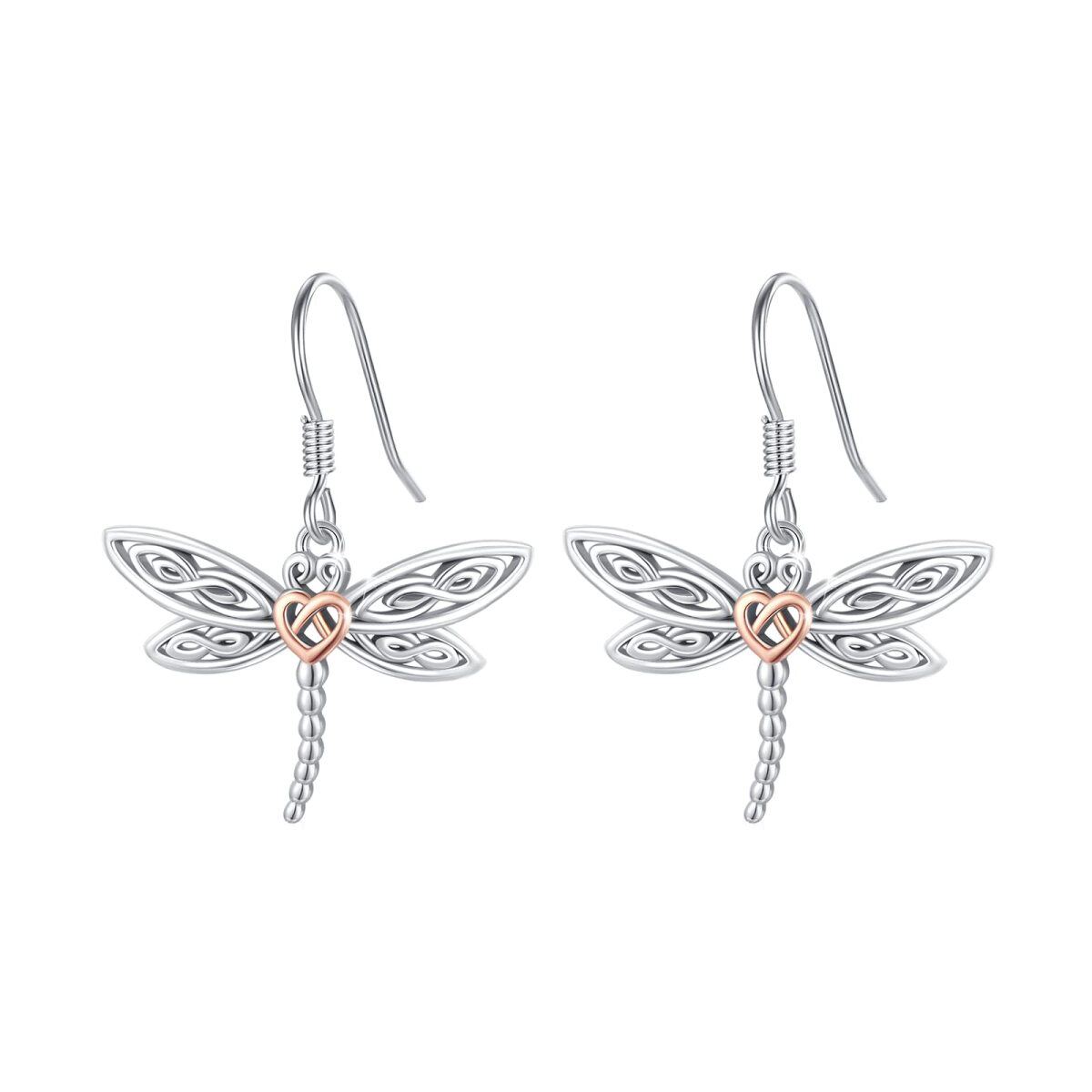 Sterling Silver Two-tone Dragonfly & Celtic Knot Drop Earrings-1