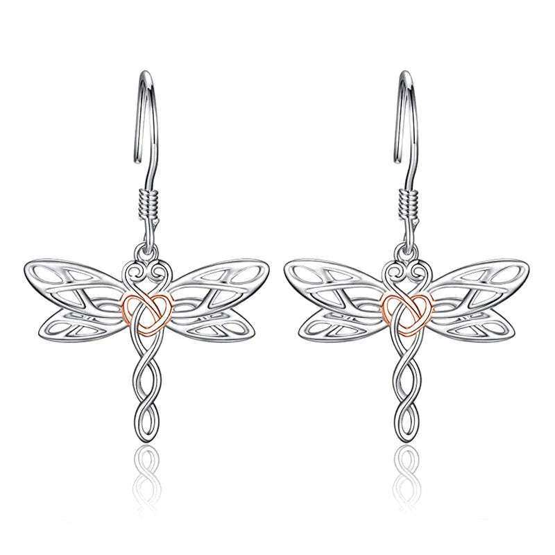 Sterling Silver Two-tone Dragonfly & Celtic Knot Drop Earrings-1