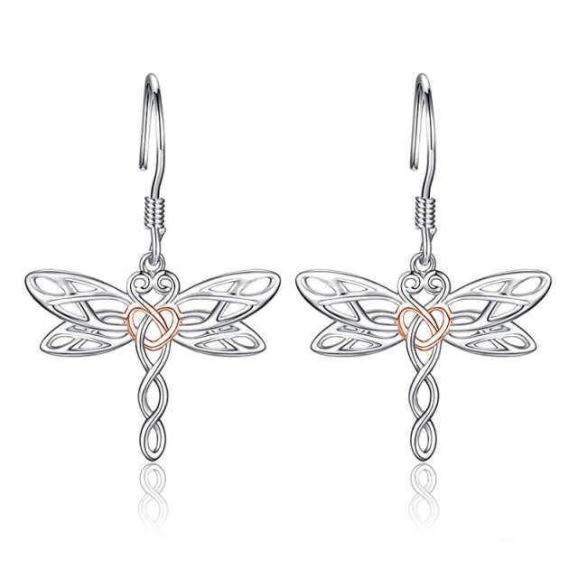 Sterling Silver Two-tone Dragonfly & Celtic Knot Drop Earrings-1