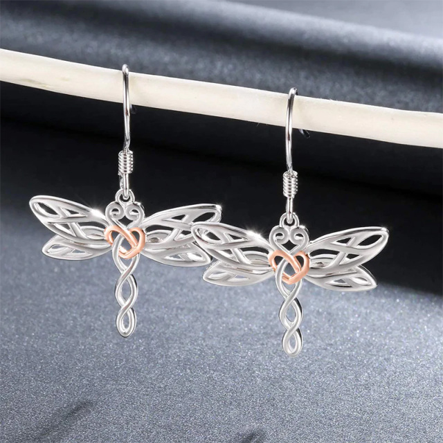 Sterling Silver Two-tone Dragonfly & Celtic Knot Drop Earrings-3