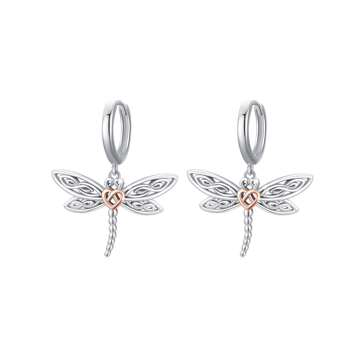 Sterling Silver Two-Tone Dragonfly With Celtic Knot Drop Earrings For Women-1