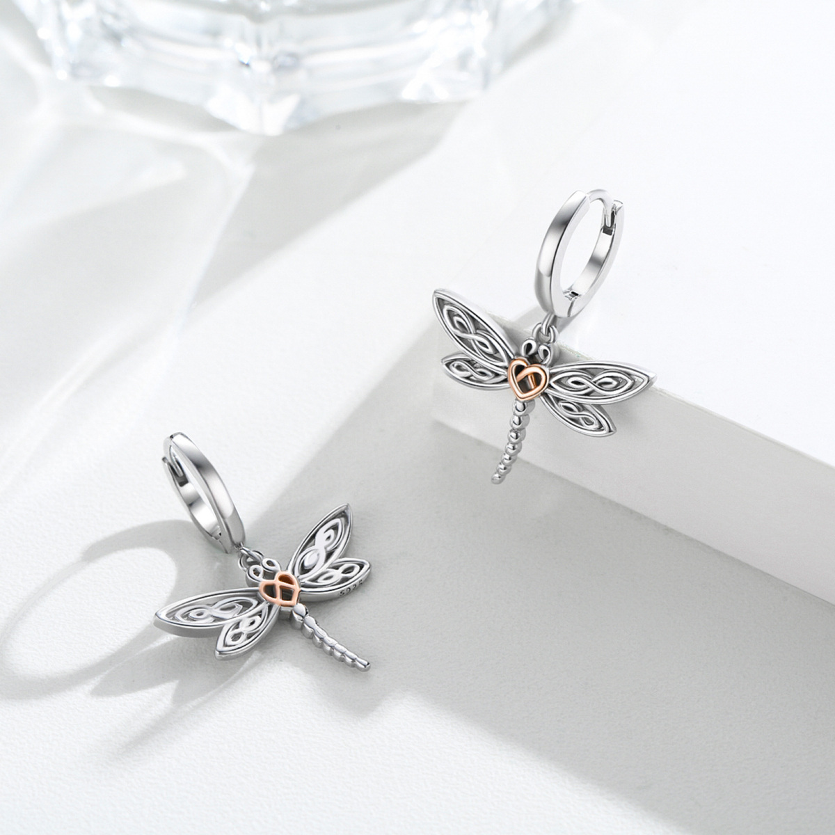 Sterling Silver Two-Tone Dragonfly With Celtic Knot Drop Earrings For Women-4