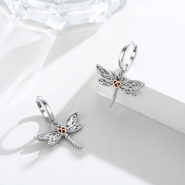 Sterling Silver Two-tone Dragonfly & Celtic Knot & Heart Drop Earrings-4