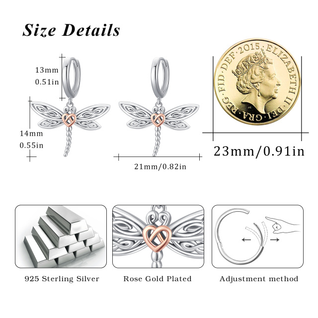 Pendientes de plata de ley bicolor libélula, nudo celta y corazón-5