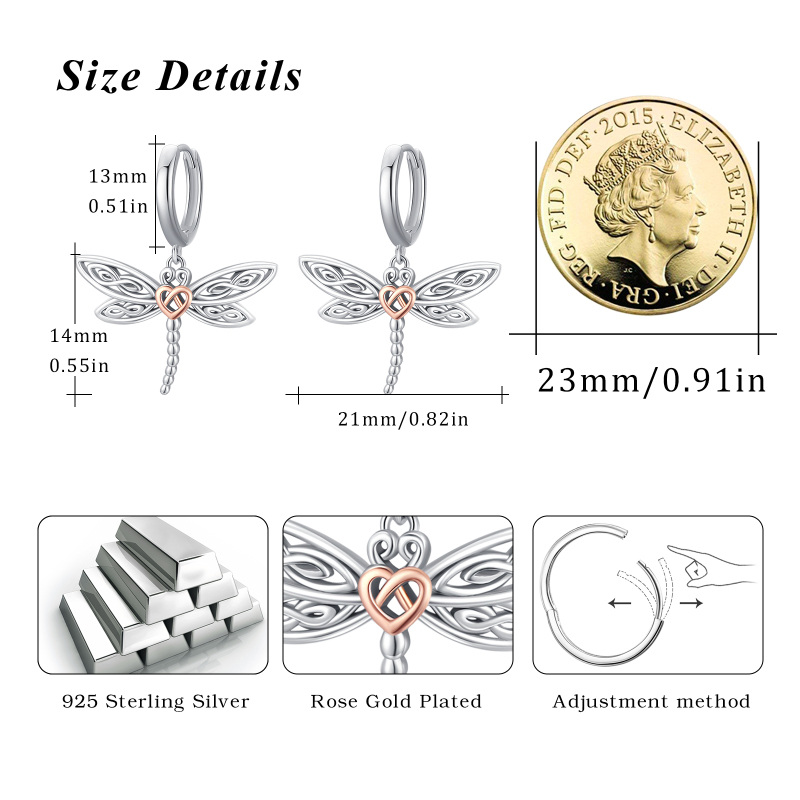 Pendientes colgantes de libélula bicolor con nudo celta de plata de ley para mujer-5