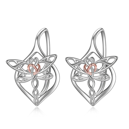 Boucles d'oreilles à levier en argent sterling, libellule et nœud celtique bicolores