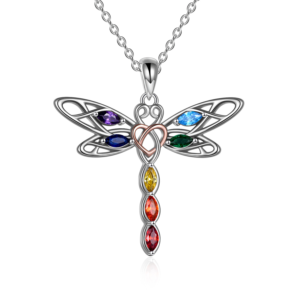 Sterling zilveren tweekleurige Cubic Zirconia Dragonfly & Keltische knoop hanger ketting-1